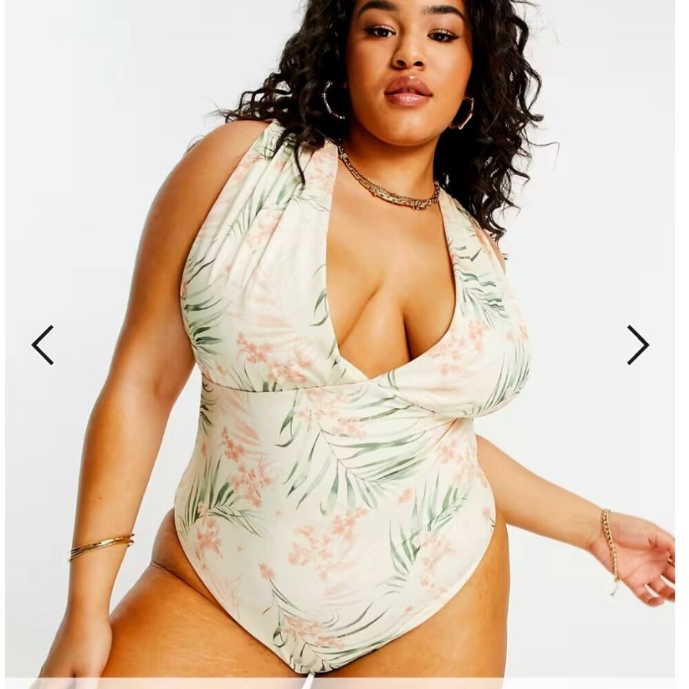 NWOT! ASOS DESIGN gathered plunge swimsuit one piece | palm print | Tall/Long 16